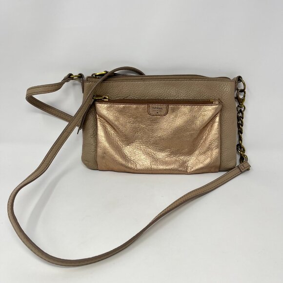 Fossil Sydney Crossbody Rose Metallic Purse Chain Leather Strap Zipper Purse Bag - Picture 2 of 13